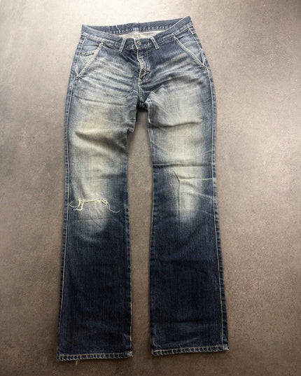 ABAHOUSE bootcut denim jeans laid flat, front view with faded thighs and knee distress