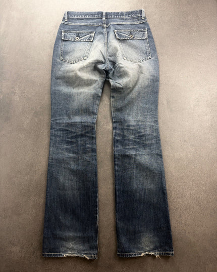 ABAHOUSE denim jeans back view showing flap pockets and faded seat