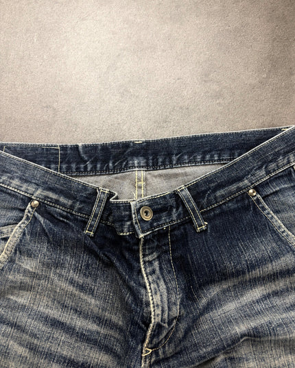 ABAHOUSE denim detail of waistband, button closure, belt loops and cream stitching