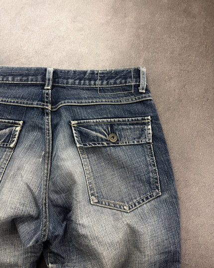 ABAHOUSE denim detail of right back pocket, flap button and faded seat