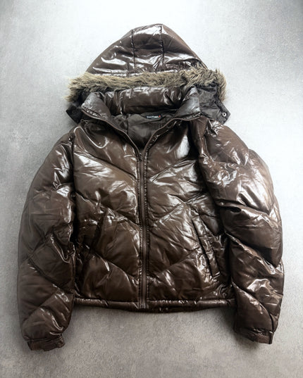 Active Fielder glossy brown hooded puffer jacket with faux-fur trim, front view laid flat