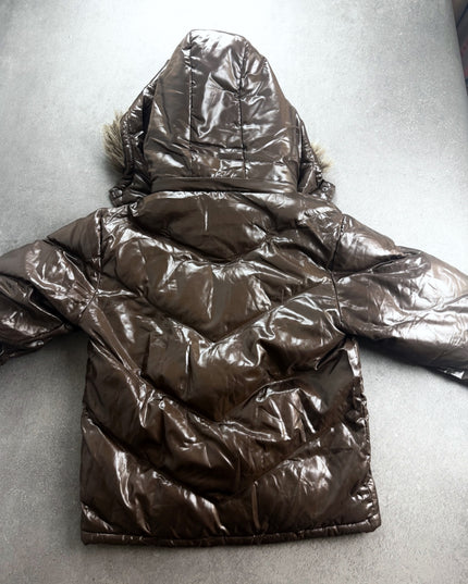 Back view of Active Fielder brown puffer jacket showing chevron quilting and hood