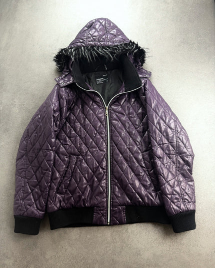Amorte purple quilted puffer jacket with faux-fur hood laid flat, front view