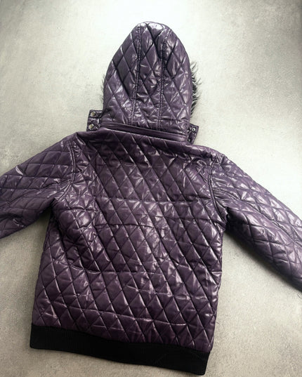 Amorte quilted puffer jacket back view with hood and black ribbed hem