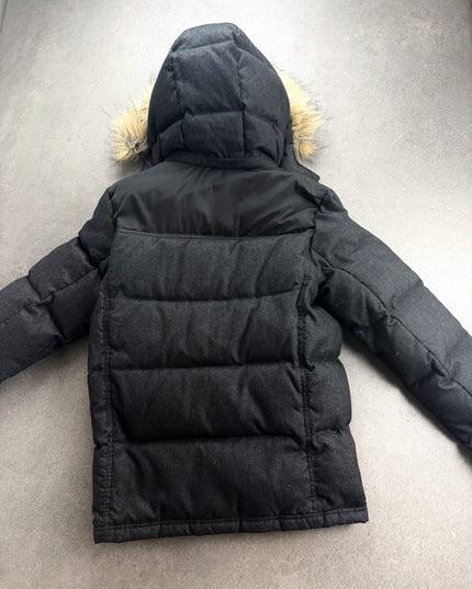Backnumber puffer jacket back view with quilted hood and black shoulder yoke