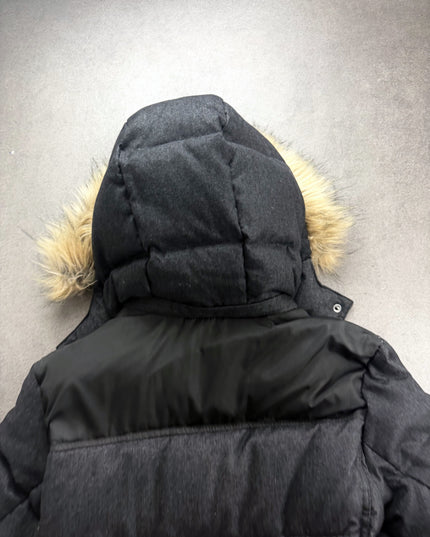 Backnumber puffer jacket hood from behind showing quilted panels and fur trim