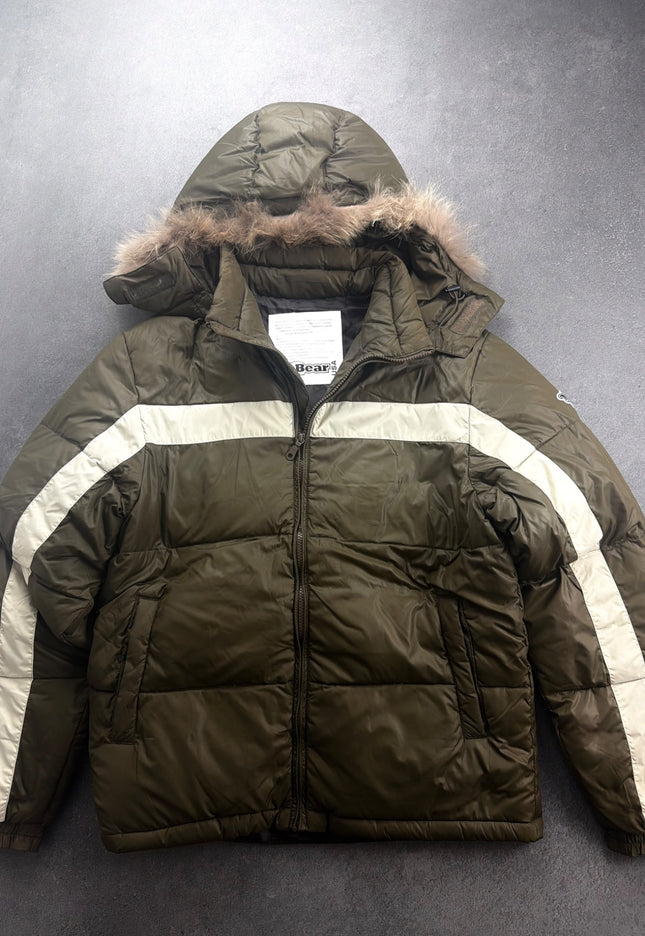 BEAR olive puffer jacket with cream stripes and fur-trim hood, front view