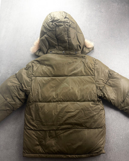 BEAR olive puffer jacket back view with quilted panels and hood snaps