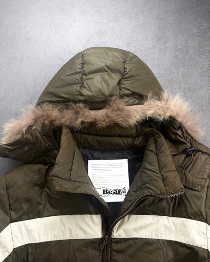 BEAR puffer jacket collar close-up with fur-style hood trim and inner Bear USA tag