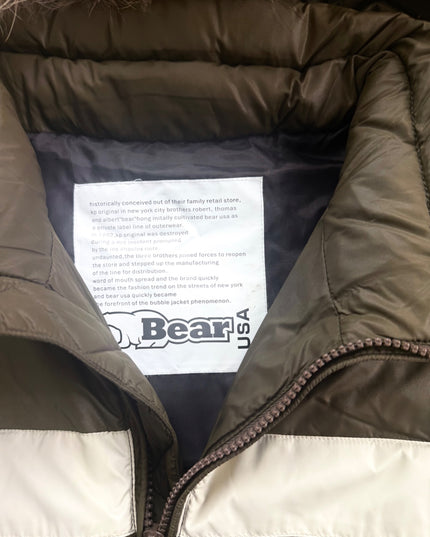 BEAR olive puffer jacket sleeve detail with cream stripe and elastic cuff
