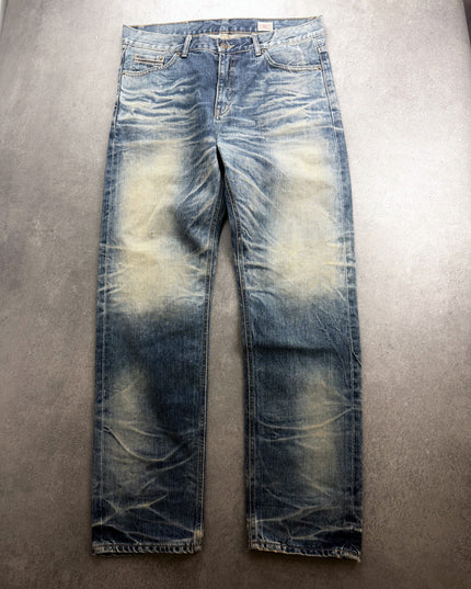 BILLVAN faded straight denim jeans laid flat, front view with amber thigh fading