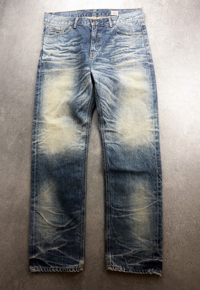 BILLVAN faded straight denim jeans laid flat, front view with amber thigh fading