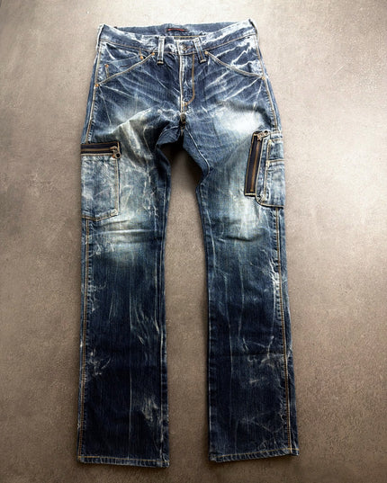 BLUE WAY acid wash cargo denim, full front view with zippered side pockets