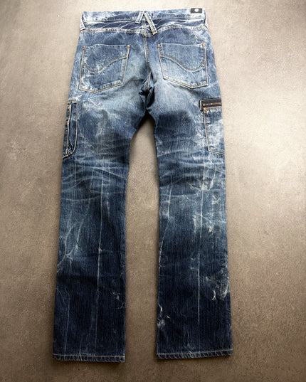 BLUE WAY acid wash cargo denim, full back view showing curved-stitch pockets