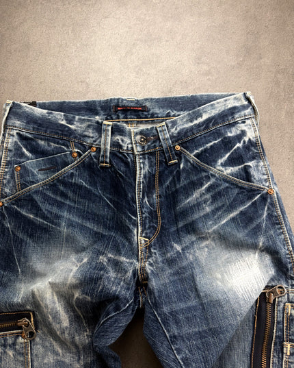 BLUE WAY denim front waist detail with Made in Nippon label and rivets