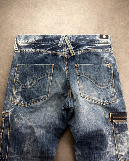 BLUE WAY denim back waist and pockets with bleached lightning-streak fading