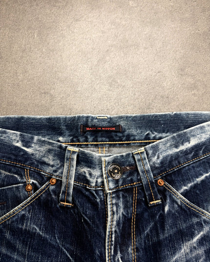 BLUE WAY cargo denim side view of brass zipper pocket and contrast stitching