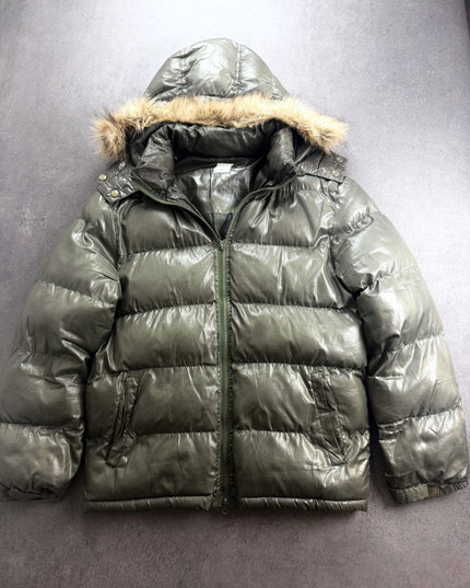 Cinema olive glossy puffer jacket with fur-trimmed hood, front view laid flat