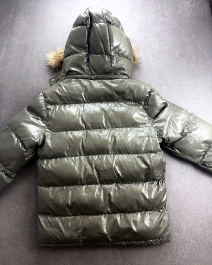 Cinema olive puffer jacket back view with quilted baffles and hood