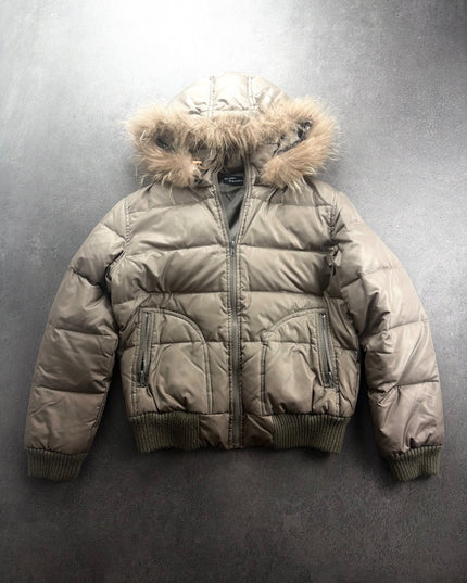 DES FILLES taupe puffer jacket with fur hood, front view laid flat
