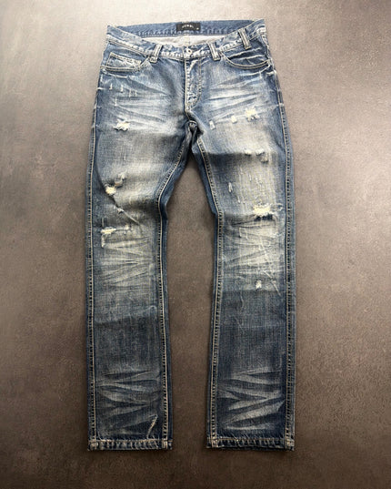 DOWBL Faded Verdict distressed straight denim jeans laid flat, front view with rips and fading