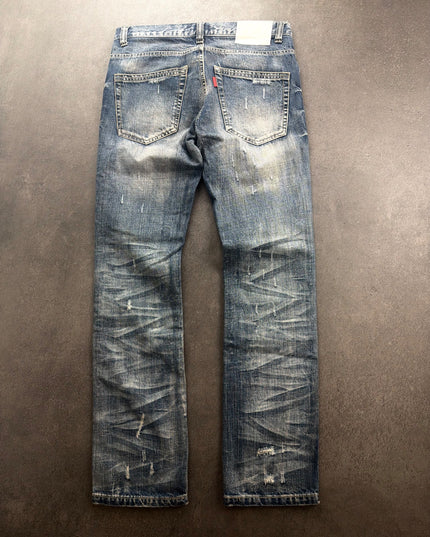 DOWBL distressed straight denim jeans laid flat, back view with pockets, red tab and scratched wash