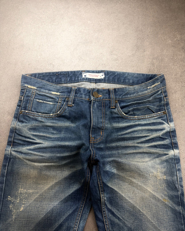 DPSR denim front waist close-up showing pockets, button and sand-toned fading