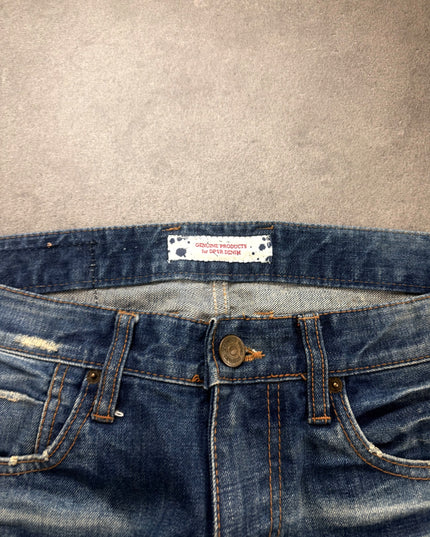 DPSR denim waistband close-up showing Genuine Products for DPSR Denim label and button