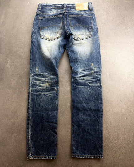 DPSR distressed straight denim jeans, full back view with faded thighs and pockets