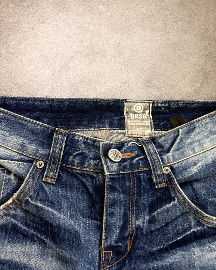 DPSR faded denim leg and frayed hem detail with tan contrast stitching