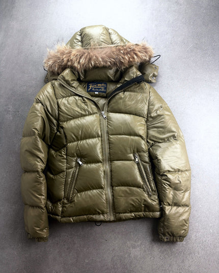 Ford Mills olive green hooded puffer jacket with fur trim, front view laid flat