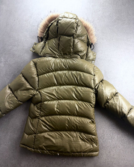 Back view of Ford Mills olive puffer jacket with horizontal baffles and hood