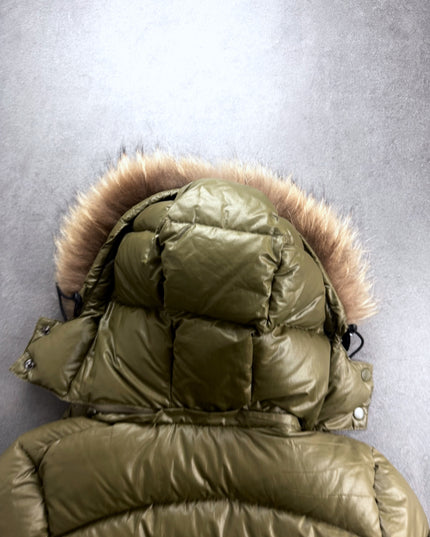 Detachable hood with fur trim and drawcords on Ford Mills olive puffer jacket