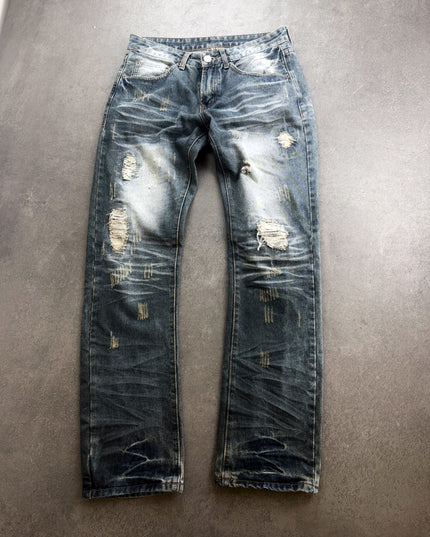 HEISEI distressed faded straight denim, front view laid flat on grey floor