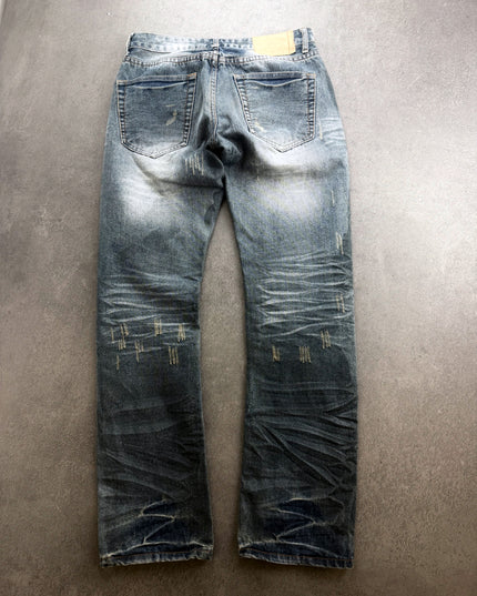 HEISEI Dusted Cobalt denim back view showing pockets, patch and scratched wash