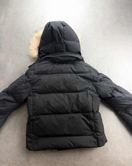 Heisei black quilted puffer jacket, back view with hood and fur trim visible