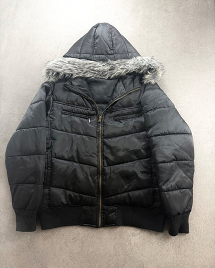 HEISEI black hooded puffer jacket front view with faux fur trim and gold zip
