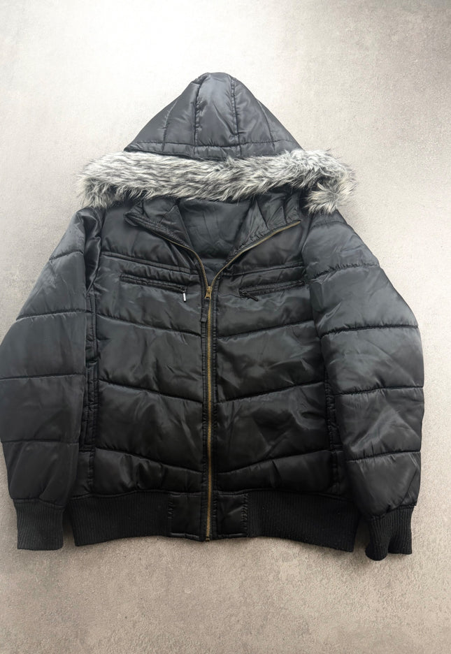 HEISEI black hooded puffer jacket front view with faux fur trim and gold zip