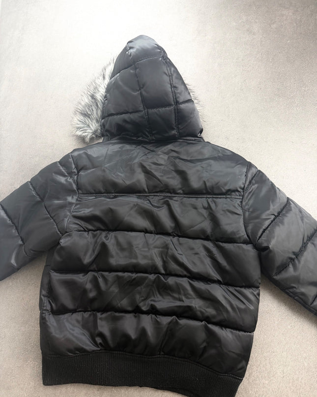 HEISEI black puffer jacket back view with quilted hood and ribbed hem