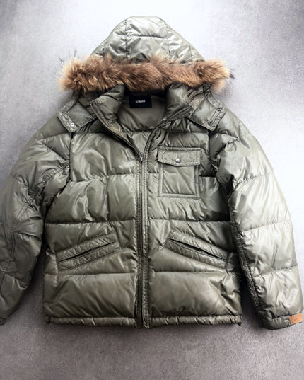 Hitmaker olive puffer jacket with fur hood, front view laid flat