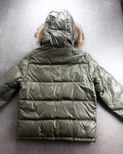 Hitmaker olive puffer jacket back view with quilted panels and fur-trimmed hood