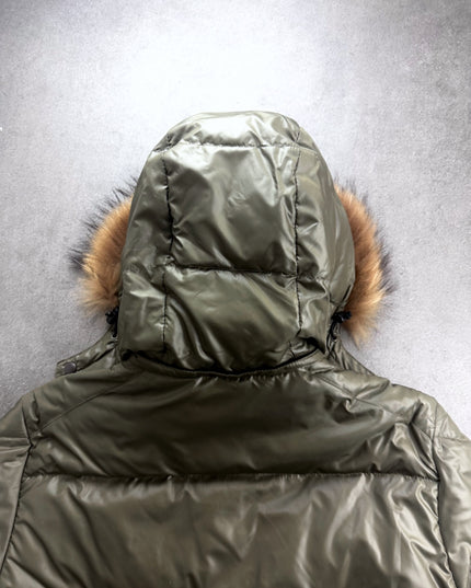 Hitmaker puffer jacket hood from behind with fur trim and drawcord toggles