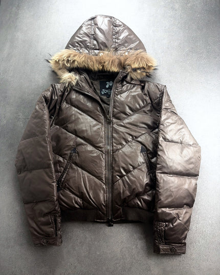 Joneaa brown glossy puffer jacket with fur hood, front view laid flat