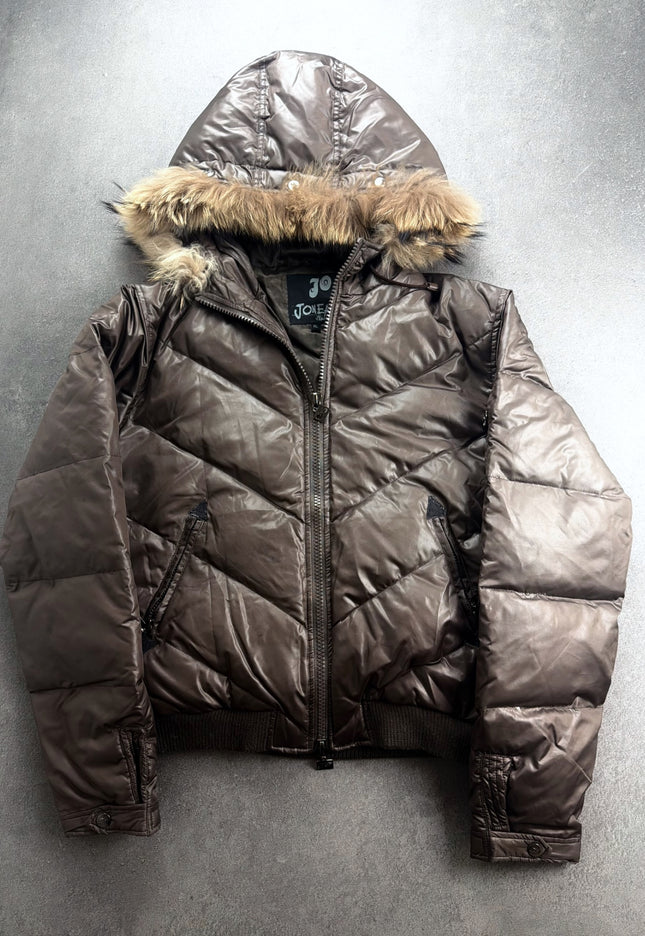 Joneaa brown glossy puffer jacket with fur hood, front view laid flat
