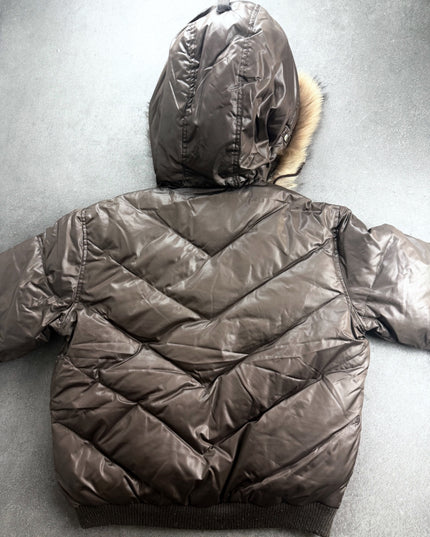 Joneaa brown puffer jacket back view with chevron quilting and hood