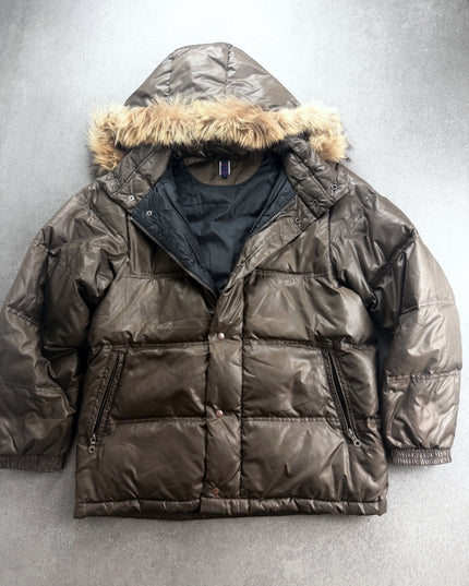 Kearney brown puffer jacket with fur trim hood laid flat, front view