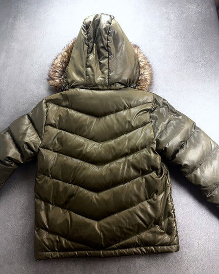 Back view of Licorice olive chevron quilted puffer jacket with hood