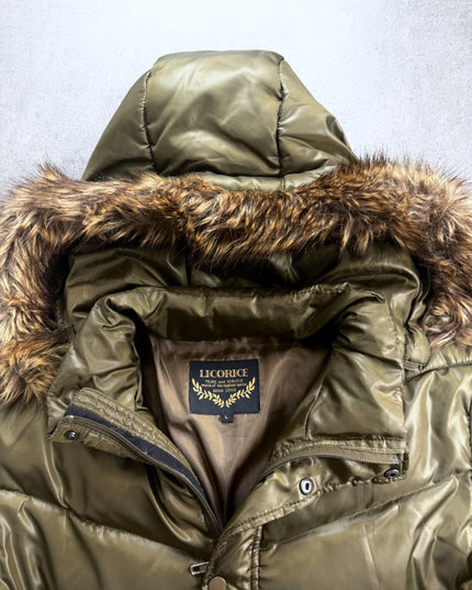 Close up of Licorice puffer jacket collar, inner label and faux fur hood
