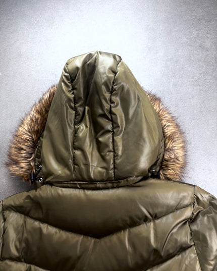 Licorice puffer jacket hood from behind showing drawcord toggles and fur trim