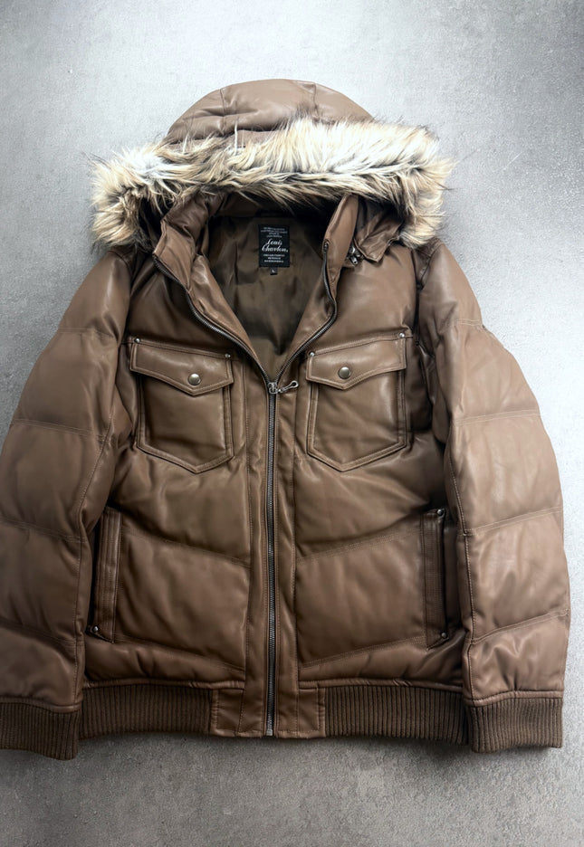 Louis Chavlon brown leather puffer jacket with fur hood, front view on grey floor